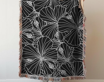 Hibiscus Woven Cotton Blanket: Botanical Cottagecore Tapestry Throw