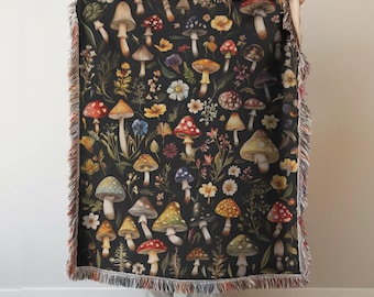 Woven Cotton Mushroom Blanket: Goblincore Forest Tapestry