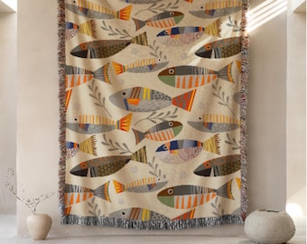 Woven Fish Blanket: Cabin Tapestry Decor, Fisherman Gift