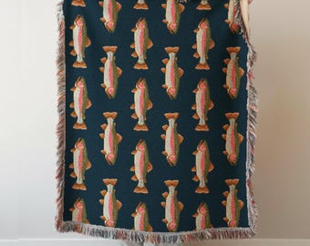 Trout Fishing Woven Blanket: Lake House Cabin Decor Gift