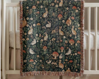 Tapisserie de forêt de couverture de forêt : couverture de bébé de décoration de chambre de bébé fantaisiste tissée de fée, champignon et lapins