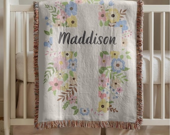 Personalized Woven Baptism Blanket: Floral Christian Cross, Christening Gift
