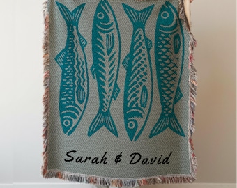 Camping Couple Fish Woven Blanket, Personalized Sardines Woven Tapestry, Coastal Decor