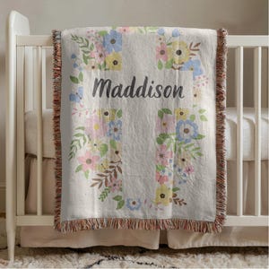 Personalized Baptism Baby Blanket, Dedication Christening Blanket Gift for Girl, Floral Christian Cross, Newborn Name Blanket