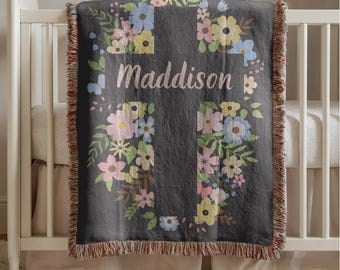 Personalized Woven Baptism Blanket: Floral Christian Cross Christening Gift