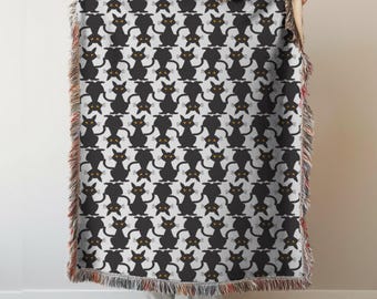 Cat woven blanket, black atomic cat tapestry, cozy home decor