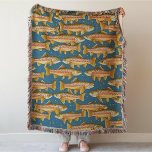 Rainbow Trout Woven Throw Blanket, Cabin Lakehouse Decor, Fishing Tapestry, Freshwater Fish Gift, Great Lakes Holiday Blanket