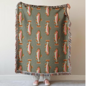 Rainbow Trout Lake House Woven Blanket Gift for Fisherman, Cabin Decor, Great Lakes Trout Fishing Gift, Fly Fishing 100% Cotton Throw