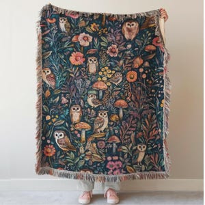 Cottagecore Forest Animal Blanket: woven woodland cotton throw blanket, forest owl nursery tapestry gift for baby blanket, picnic blanket