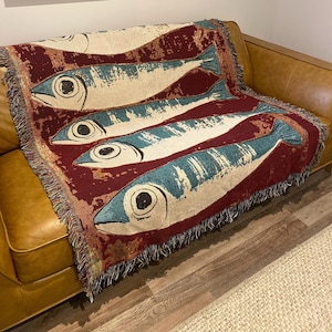 Sardines Woven Blanket – Fish Tapestry Throw, Coastal Beach House Decor, Fisherman Gift, Nautical Picnic Blanket, Lake Cabin Aesthetic
