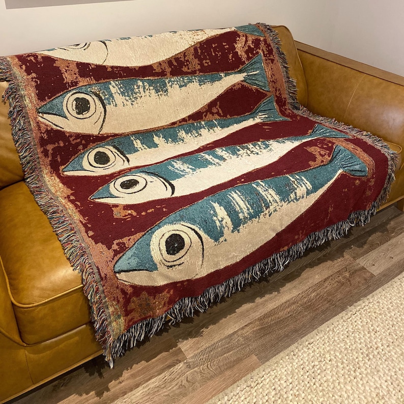 Sardines Woven Blanket – Fish Tapestry Throw, Coastal Beach House Decor, Fisherman Gift, Nautical Picnic Blanket, Lake Cabin Aesthetic
