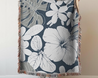 Hibiscus Woven Cotton Blanket: Tropical Cottagecore Throw Home Decor