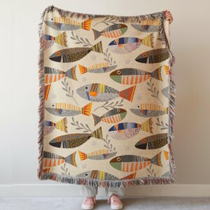 Woven Fish Blanket, Fishing Tapestry, Lake House Cabin Decor