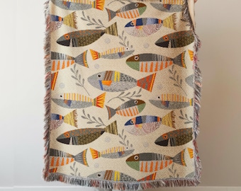 Fish Blanket: Fishing Woven Tapestry, Fisherman Gift, Lake House Decor