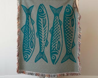 Fish Blanket, Sardines Woven Tapestry, Coastal Decor Beach House Picnic Blanket