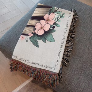 Custom blanket book, personalized bookish woven blanket gift for book lover or librarian, bookclub readers blanket, cottagecore flowers gift