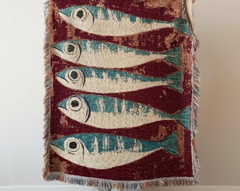 Sardines Woven Throw Blanket: Tinned Fish Coastal Lake House Decor