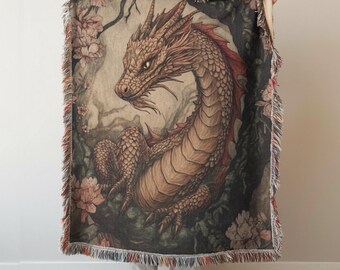 Pink Mythical Dragon Woven Blanket: Celestial Tapestry Throw