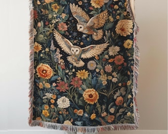 Woven Owl Blanket: Cottagecore Forest Wall Tapestry Cotton Throw Home Decor