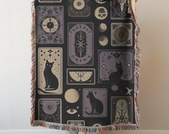 Cat Tarot Blanket, Dark Academia 100% Cotton Throw Gothic Tapestry