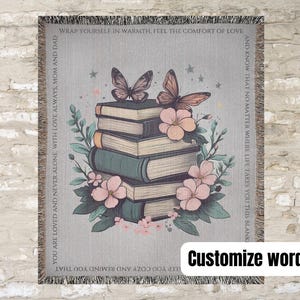 Custom blanket book, personalized bookish woven blanket gift for book lover or librarian, bookclub readers blanket, cottagecore flowers gift