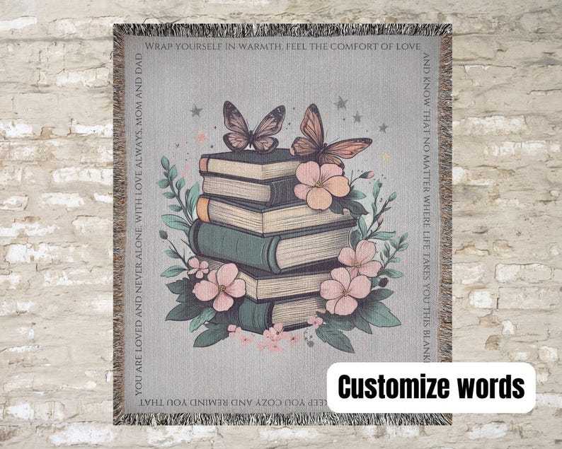 Custom blanket book, personalized bookish woven blanket gift for book lover or librarian, bookclub readers blanket, cottagecore flowers gift