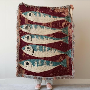Lake House Woven Blanket: Sardines Cotton Throw, Beach House Coastal Decor