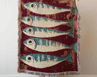 Sardines Fish Woven Blanket: Coastal Decor Tapestry, Beach House Picnic Blanket, Mid Century Throw