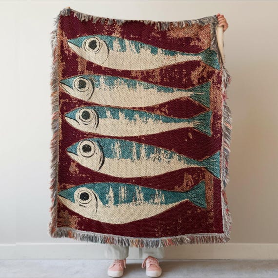 Sardines Fish Woven Blanket: Coastal Decor Tapestry, Beach House Picnic Blanket, Mid Century Throw