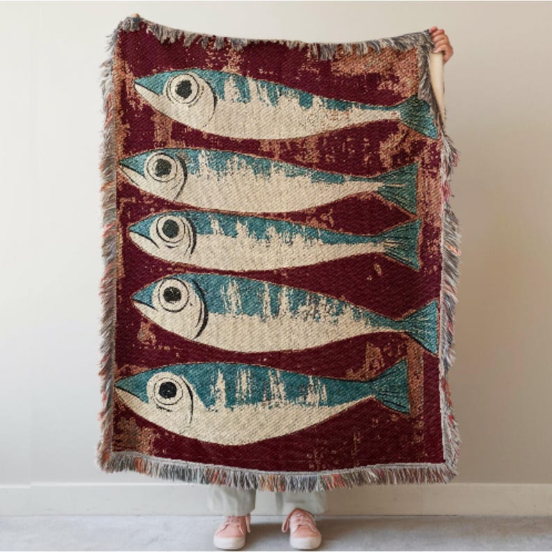 Lake House Woven Blanket: Sardines Cotton Throw, Beach House Coastal Decor