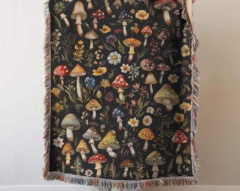 Woven Cotton Mushroom Blanket: Cottagecore Forest Tapestry