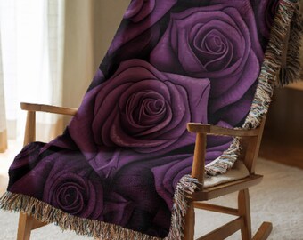 Purple Rose Woven Blanket, Gothic Floral Tapestry