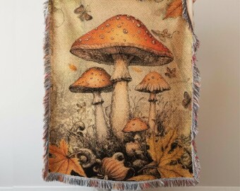 Mushroom Tapestry: Cottagecore Cotton Woven Throw, Witch Core Gift