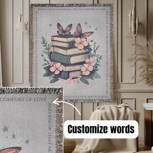 Custom blanket book, personalized bookish woven blanket gift for book lover or librarian, bookclub readers blanket, cottagecore flowers gift