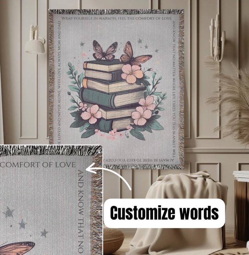 Custom blanket book, personalized bookish woven blanket gift for book lover or librarian, bookclub readers blanket, cottagecore flowers gift