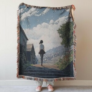 Anime blanket, anime tapestry, woven blanket with fringe, anime picnic blanket gift for her, woven throw blanket