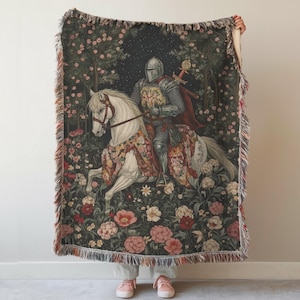 Medieval Tapestry: Dark Academia Fantasy Knight Woven Blanket, Gothic Throw Decor