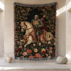 Woven Medieval Knight Tapestry Blanket: Gothic Dark Academia Decor Throw