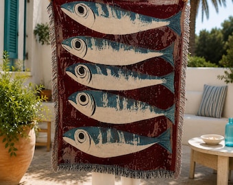 Sardines Fish Woven Blanket: Coastal Decor Tapestry, Beach House Picnic Blanket, Mid Century Throw