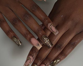 Handmade Brown & Gold Press On Nails: 3D Nail Design