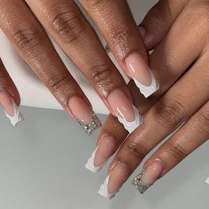 White French tips/ rhinestone/ Press on nails/ Handmade press on nails/ Gel nails/ quality press ons/ birthday nails/ 3d nails /nail art