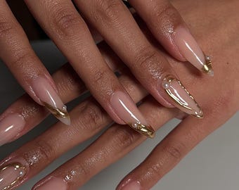 Handmade Chrome Gold Accent Press On Nails: 3D Nail Art