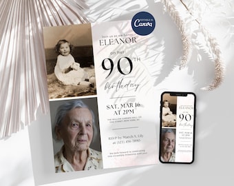 May include: A 90th birthday party invitation with a collage of photos of the birthday person at different ages. The invitation is decorated with a floral design and the text "Join us as we honor Eleanor on her 90th birthday". The invitation also includes the date, time, and location of the party.