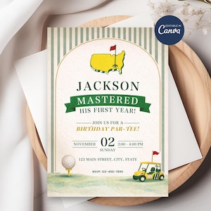 May include: Golf-themed birthday party invitation with the text "Jackson Mastered His First Year!" in green and gold. Features a golf cart, golf ball, and a map of a golf course.
