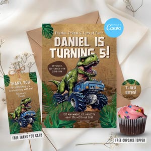Invitación de cumpleaños editable con diseño de camión monstruo de dinosaurio, invitación para fiesta de T-Rex, plantilla Canva de aventura jurásica para invitación a fiesta de cumpleaños de niños