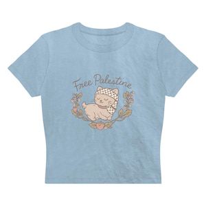 Palestine Baby Tee, Y2k Shirt, Palestine Country Top, Palestinian Tee, Palestine Shirt, Free Palestine Strawberry Cat, Keffiyeh Cat
