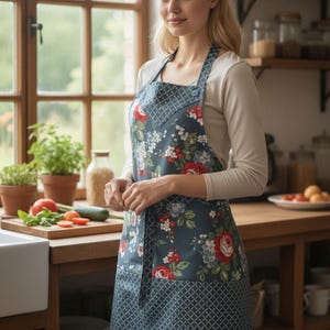 Florale Wendeschürze für Erwachsene, verstellbarer Hals, lange Krawatten, 3 Taschen