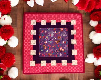 VALENTINE TABLE TOPPER Quilted , Reversible Patchwork Decor (17 1/2" x 17 1/2")