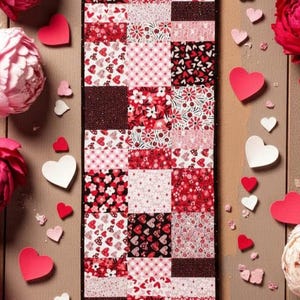 May include: A Valentine's Day themed image featuring a patchwork quilt with red, pink, and white patterns. Scattered around are paper hearts and pink peonies, creating a romantic and festive scene.