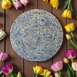 STONEWASHED BLUE TRIVET 7.5" Round -Fabric Wrapped, Heat-Resistant, Stylish Kitchen Decor, Perfect for Hot Dishes and Pots, Candle/Vase Base
